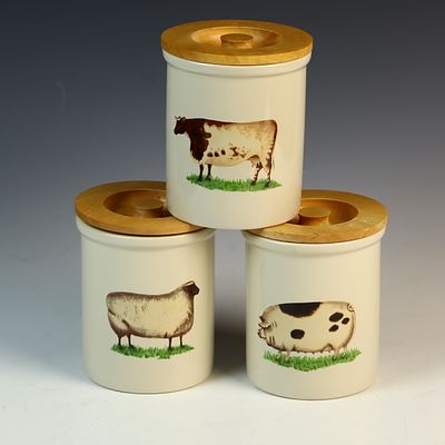 A Trio of Pimpernel Farm Animal Motif Ceramic Storage Canisters. This is a trio of cylindrical 