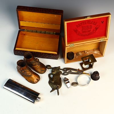 A Collection of Vintage and Antique Objects Including Carved Wooden Boxes and Scientific Instruments