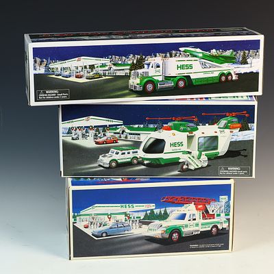 Three Hess Toy Vehicle Sets Including Rescue Truck Helicopter and Truck and Jet. This lot 