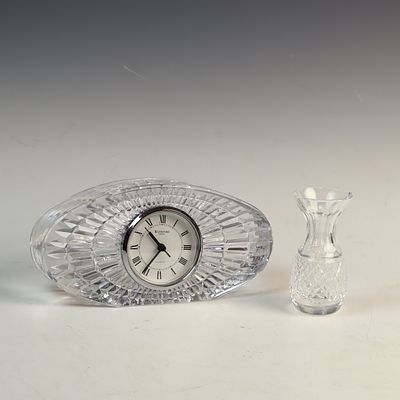 Two Waterford Crystal Decorative Items Including Oval Desk Clock and Bud Vase. This lot consists 