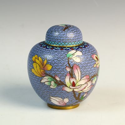 Chinese Cloisonne Enamel Magnolia and Bird Covered Ginger Jar. A small, ovoid lidded jar 