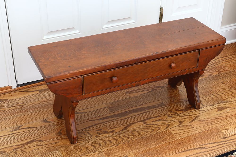 Lot 201: American Country Style Pine Storage Candle Bench with Bootjack Ends