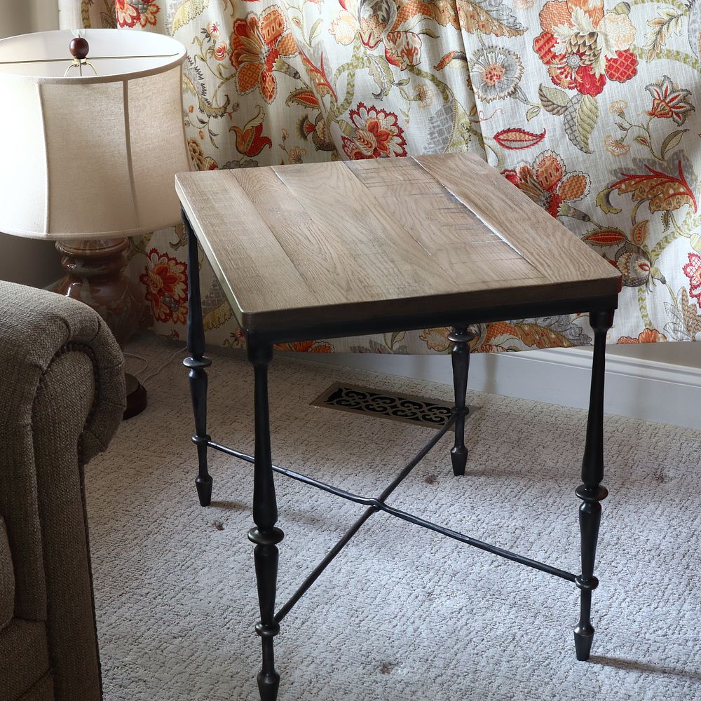 Lot 213: Ethan Allen Square Wood and Metal Side Table