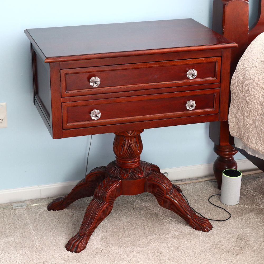 Lot 225: Martha Stewart  Mahogany Tone Two Drawer Pedestal End Table