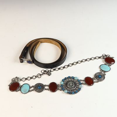 Southwestern Style Mixed-Media Concho Belt with Faux-Turquoise and Reddish-Brown Cabochons. This 