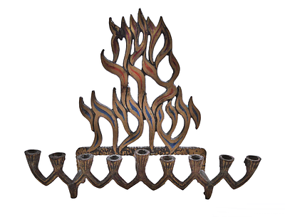 Hanukkah from Maoz Tsur Yesuati, made of brass.
A unique writing in the shape of flames, 1960s.