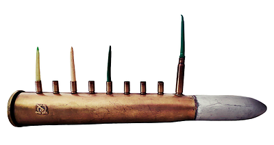 Vintage military menorah made of shell bullets and guns. Massive and heavy, the 'Artillery