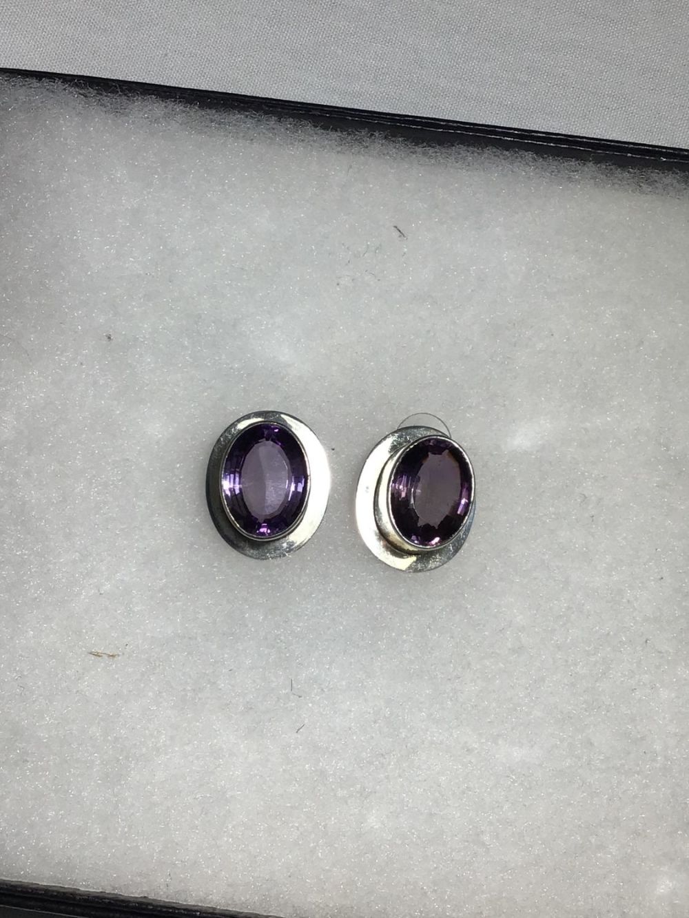 Lot 165: Amethyst Earrings w/ Sterling Hat Top Mounts .