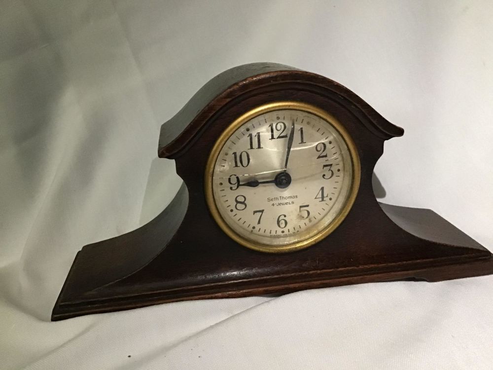 Lot 184: Seth Thomas Mantle Clock Measures 8 inches wide by 2.5