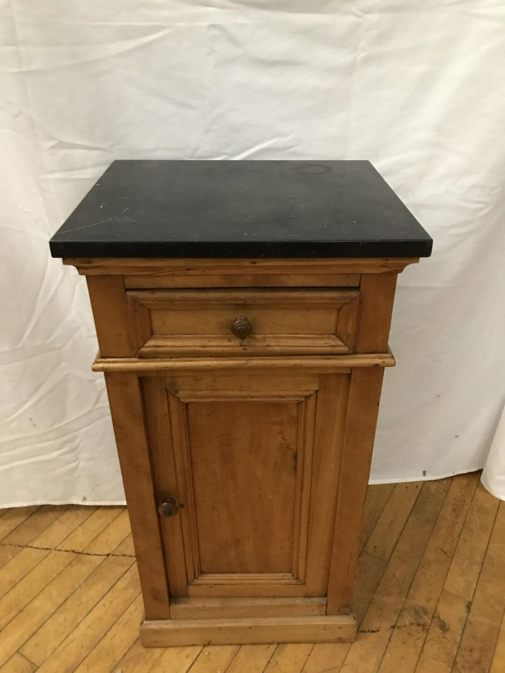 Lot 155: Antique Marble Top End Table 1 drawer 1 door