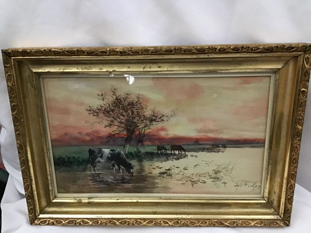 Lot 164: Cow Enjoying Life Watercolor by H Fisher Original Gold