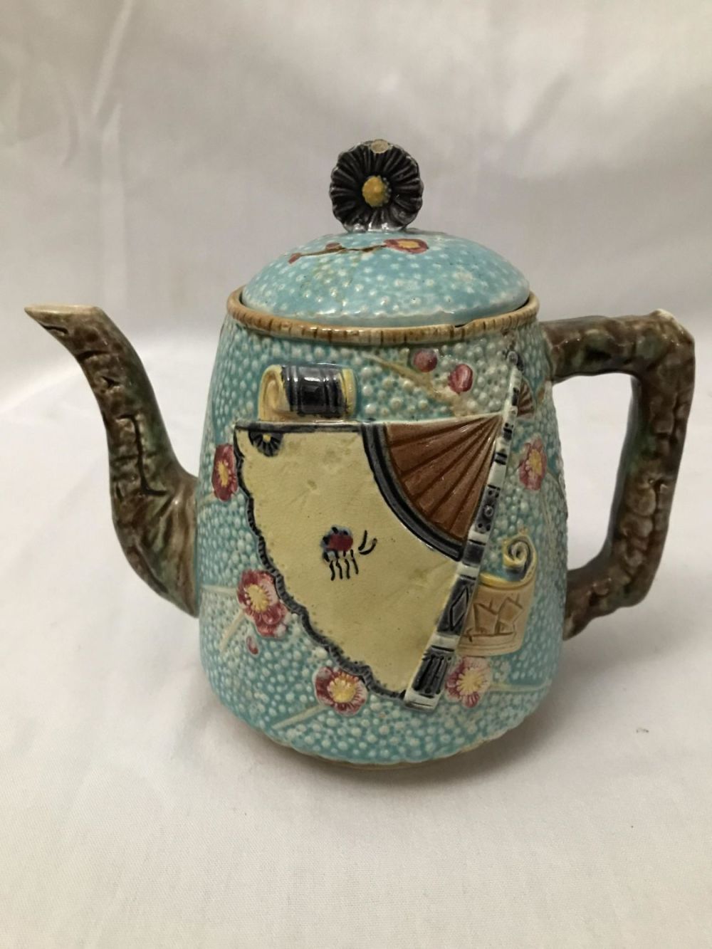 Lot 215: Staffordshire Tea Pot 6in tall fan & scroll design
