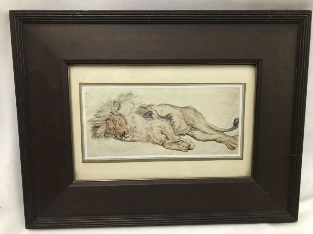 Lot 204: Sleeping Lion Lithograph in Wooden Frame Frame measures