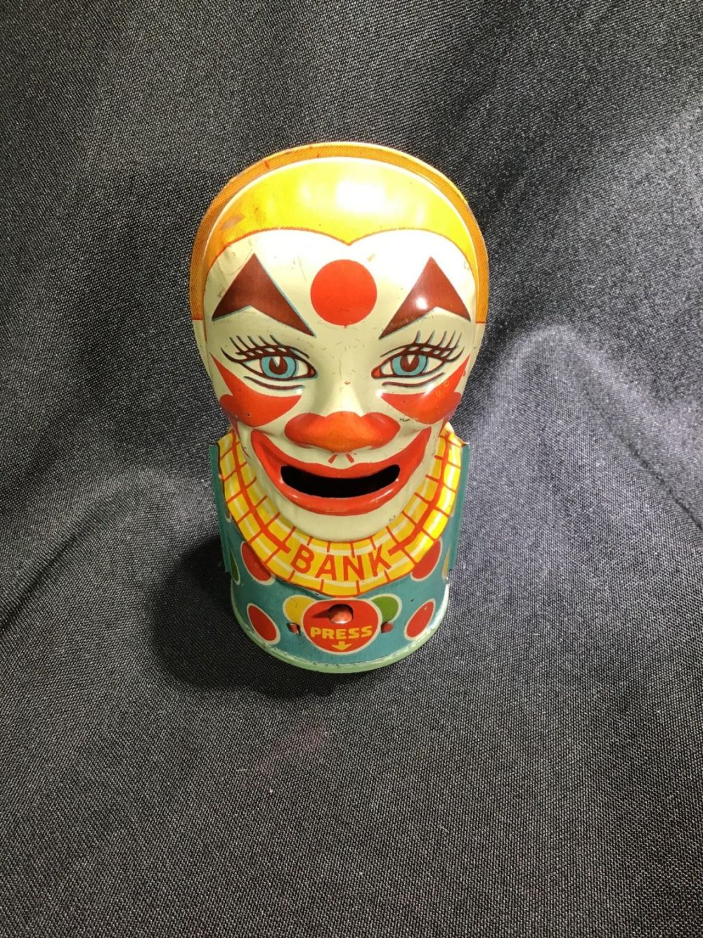 Lot 163: J Chein Tin Clown Bank Lithograph made in USA measures