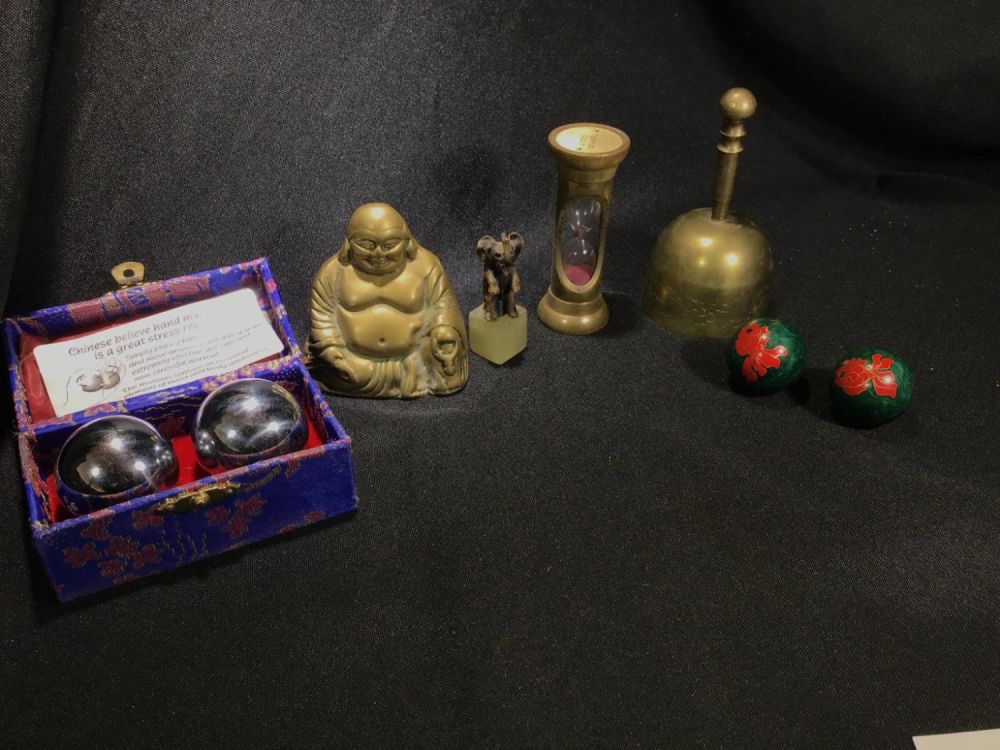 Lot 169: Asian Stress Relief Items 2 pair of chiming balls brass