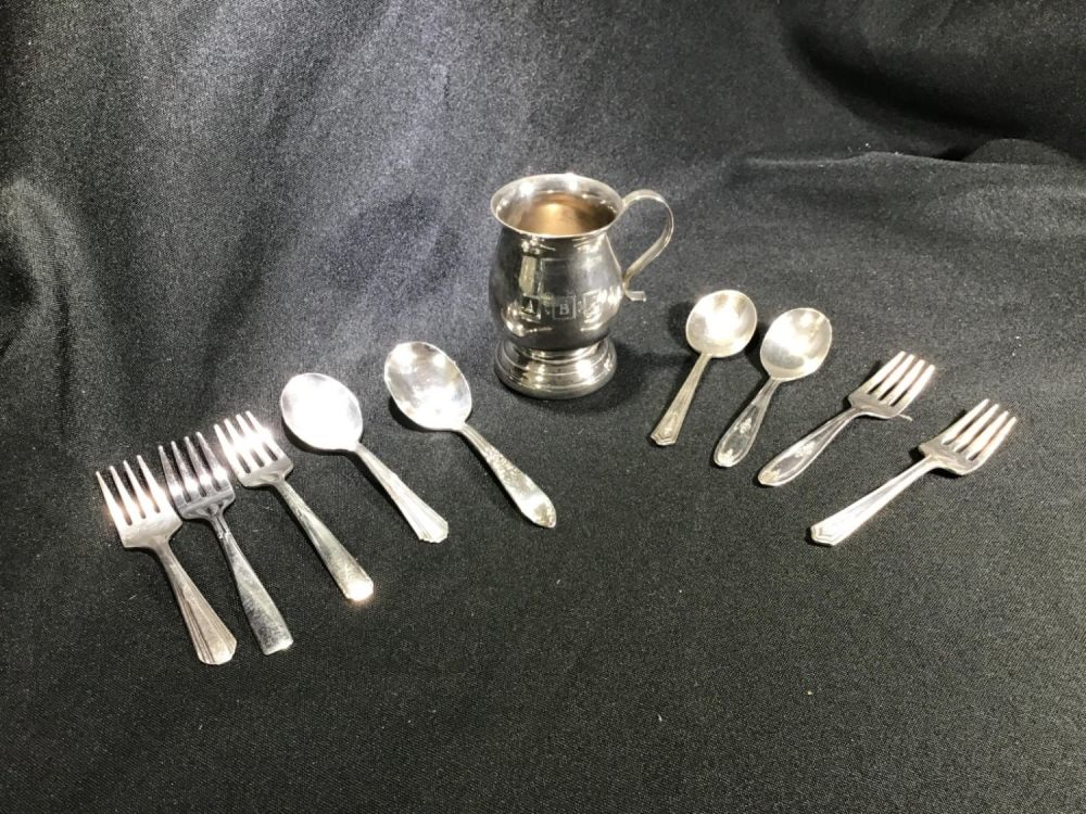 Lot 171: Silverplate Forks and Spoons with Holder .