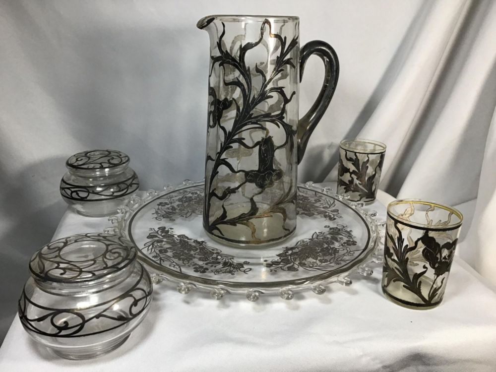 Lot 166: Sterling Overlay Jewelry Boxes Pitcher and glasses