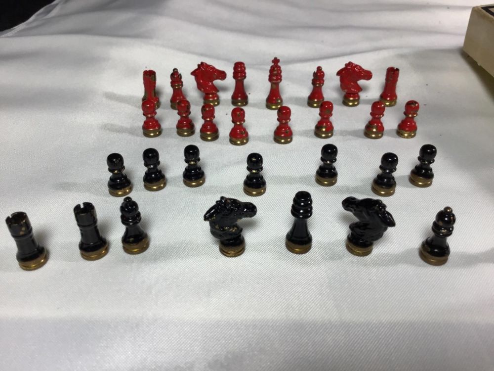 Lot 191: Miniature Gold Chess Set Box measures 4 inches square