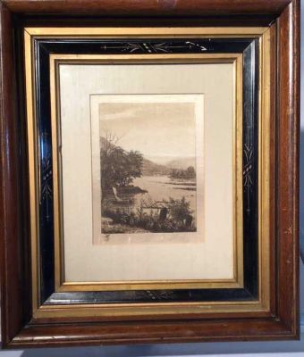 Vintage L.E. Engraving. 12 1/2 x 14 1/2 signed S.B. Shirley 3 inch frame depth Walnut