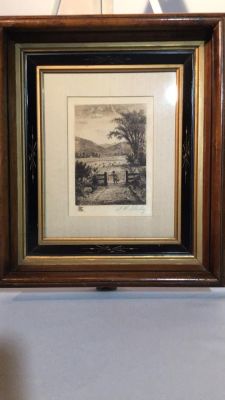 Vintage Engraving w/ Walnut Frame 12 1/2 x 14 1/2. 12 1/2 x 14 1/2