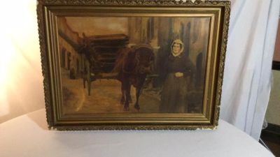 Vintage &acirc;€œOld School Grocery Shopping" 34 x. 34 x 25. Oil on Board