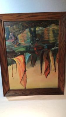 Finished Fishing Painting. 27 1/2 x 21 1/2 w/ Tiger oak Frame Unsigned