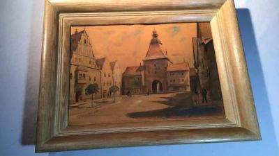 Vintage Watercolor Unterek tor. 17 1/2 x 13 1/2 Oak Frame