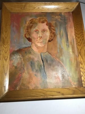 Vintage Oil on Board Framed in Tiger Oak Portrait by C. Portrait by C Shafer Measures 28.5x24.5