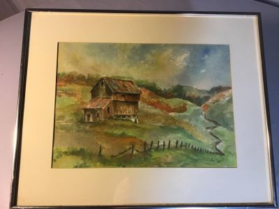 Vintage Watercolor by Skeip Barn on the. Barn on the Hill Frame measures 16x20