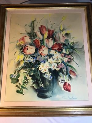 Tulips and Daisies Watercolor Signed Frame measures. Frame measures 28x32