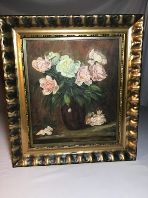 Oil on Board on Brass Wrapped Frame Still. Still Life Measures 18.5x20.5