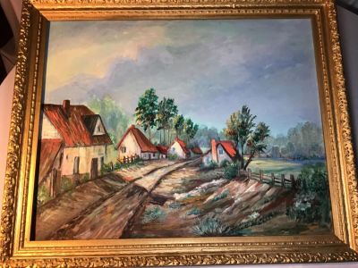 Oil on Board Local Village Gold guilded elegant Frame. Gold guilded elegant Frame measures 28.25 