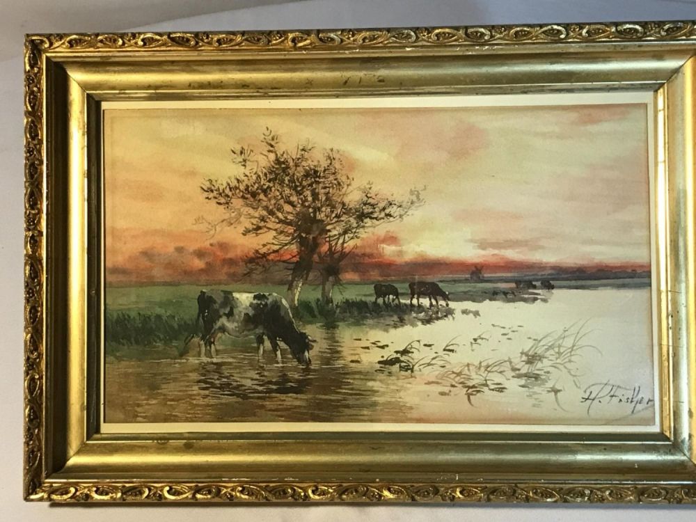 Lot 163: H Fisher signed Watercolor Frame measures 16.5 x 11