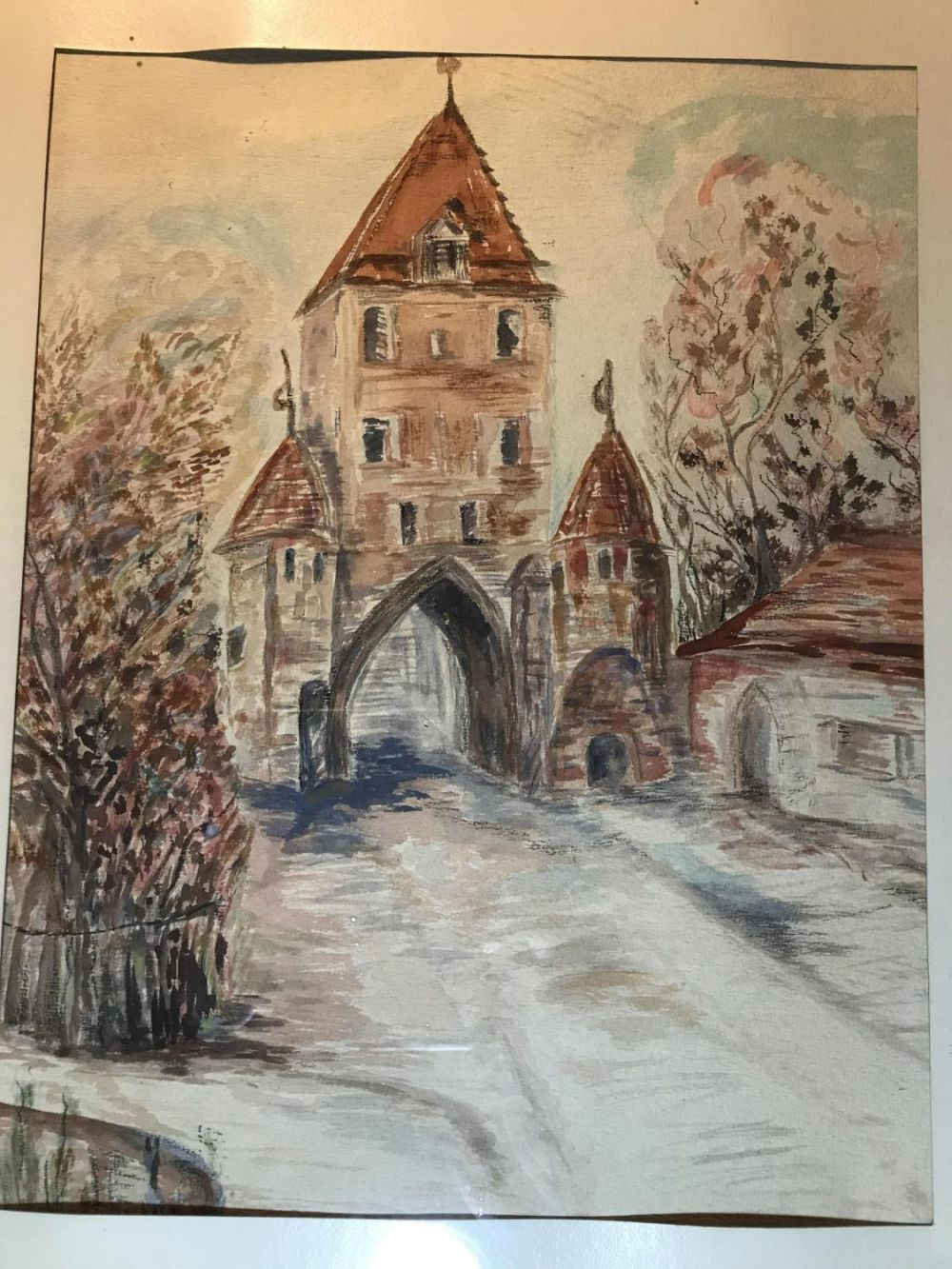 Lot 172: Earthtone Castle Watercolor Frame measures 26x20 inches