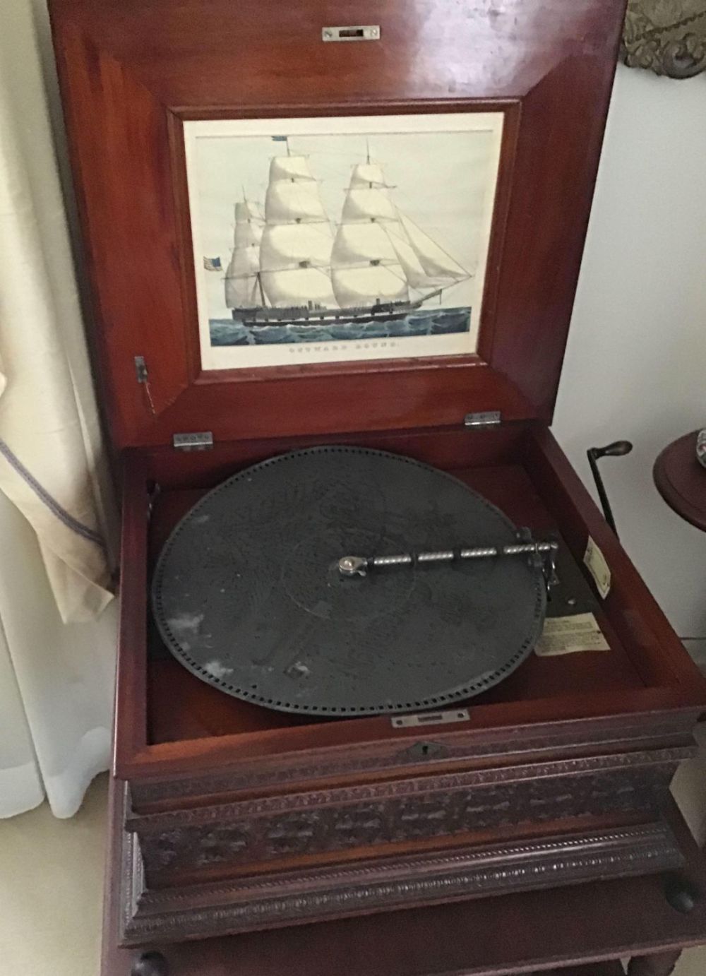 Lot 159: Early Music Box - Functional , Sounds Great! Record in picture included. All remaining records are