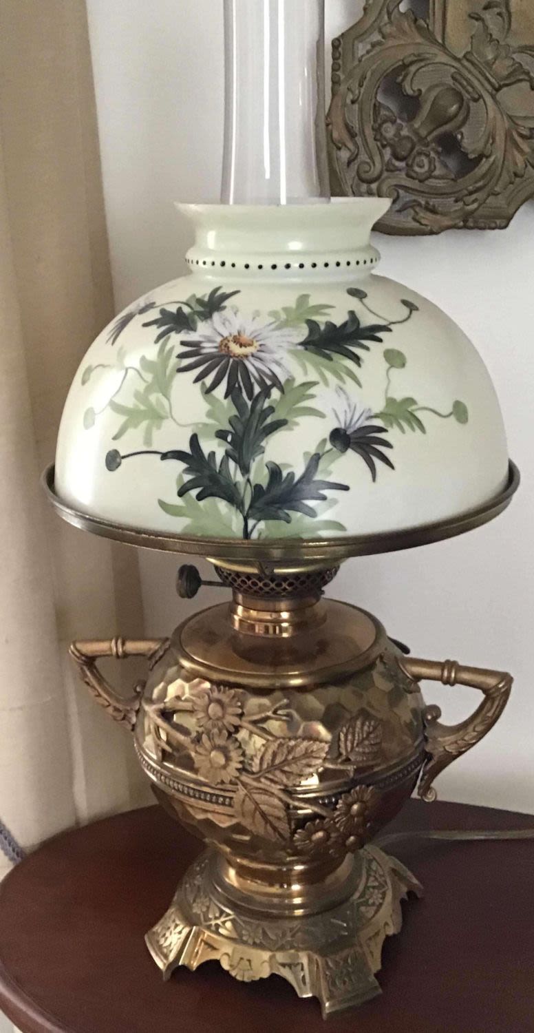 Lot 167: Victorian Converted Oil Lamp Hand painted Shade