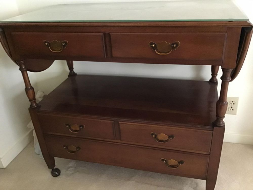 Lot 169: Early Tea Cart Measures 35 inches tall by 36 inches wide with flaps down by  18 inches