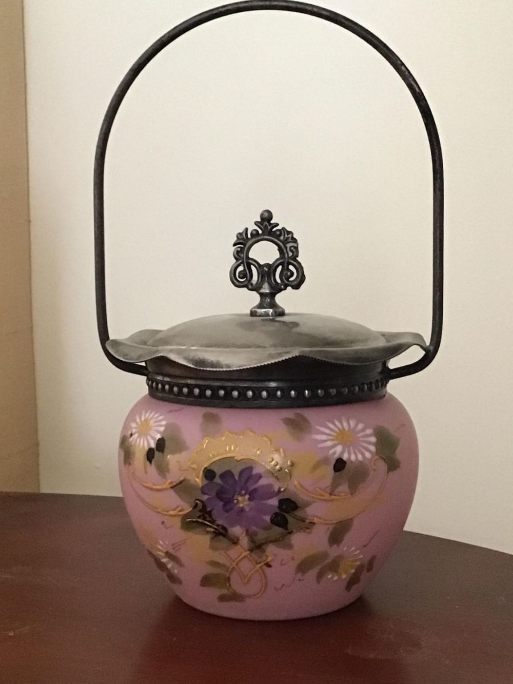 Lot 172: Victorian HP Condiment Jar With Silverplate Lid Measures appr. 9" tall
