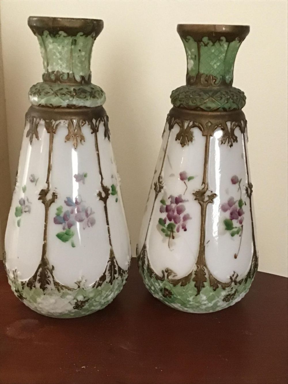 Lot 175: Victorian Painted Milk Glass Vases 10 inches tall