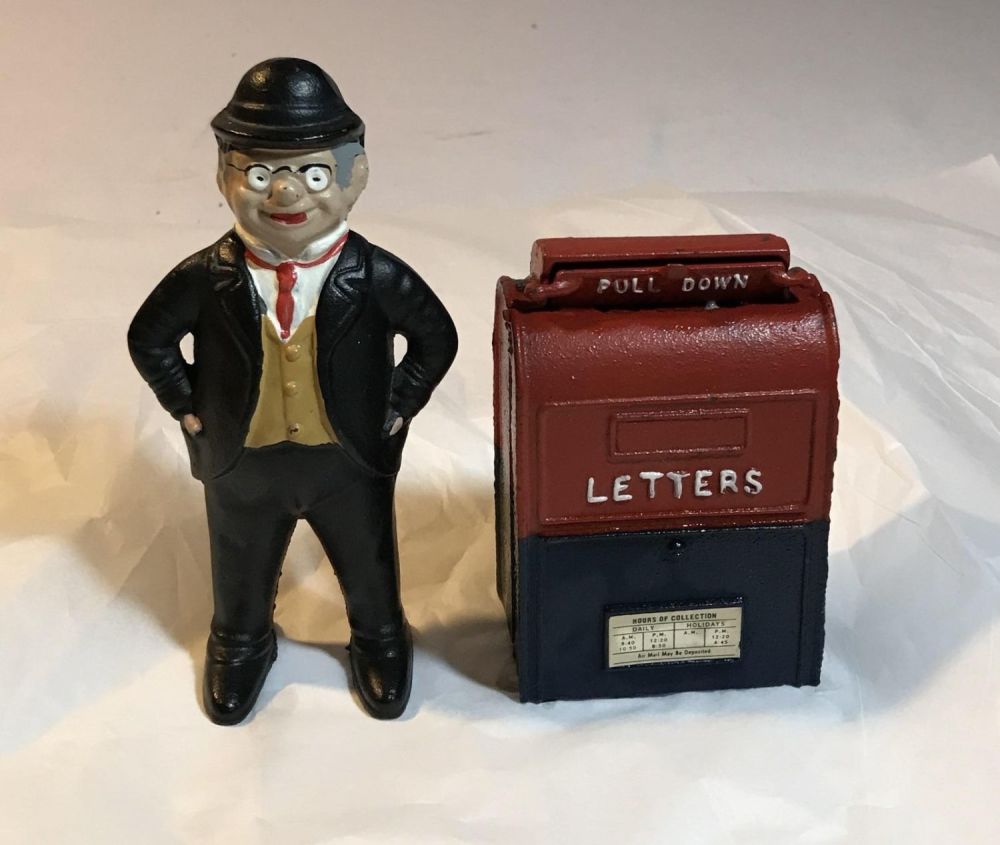 Lot 179: Stranger at the mailbox  (2 banks) Cast Iron Approximately 5 1/2 and 4