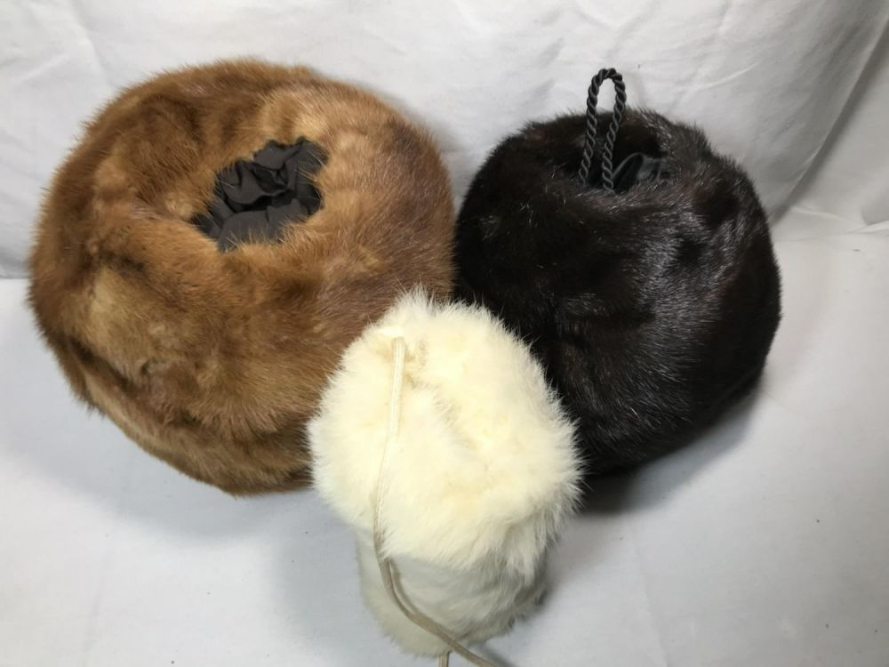 Lot 256: Vintage Hand Warmers (3) Fur Muffs, Childs white & Mink black & brown