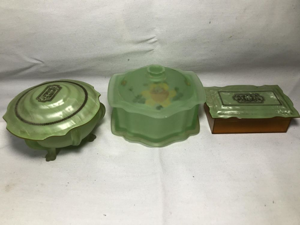 Lot 276: Depression Green glass Jewelry Boxes .