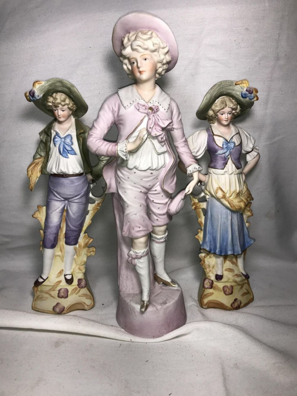 Lot 291: Vintage Bisque Figures (3) Tallest measures 14 inches tall