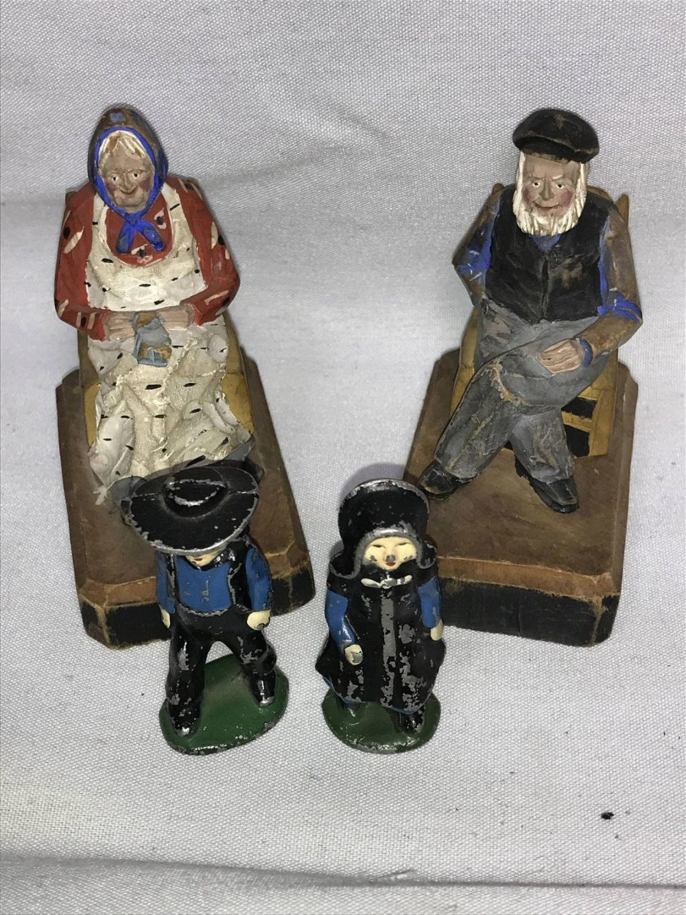 Lot 299: Vintage Couples Figures - Metal & Hand Carved Amish Couple and Grandparents