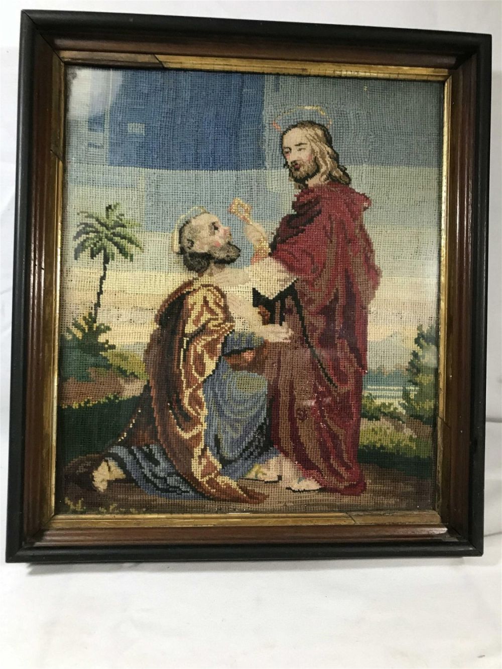 Lot 151: Victorian Petit Point Inn Needlepoint Tapestry Saint with