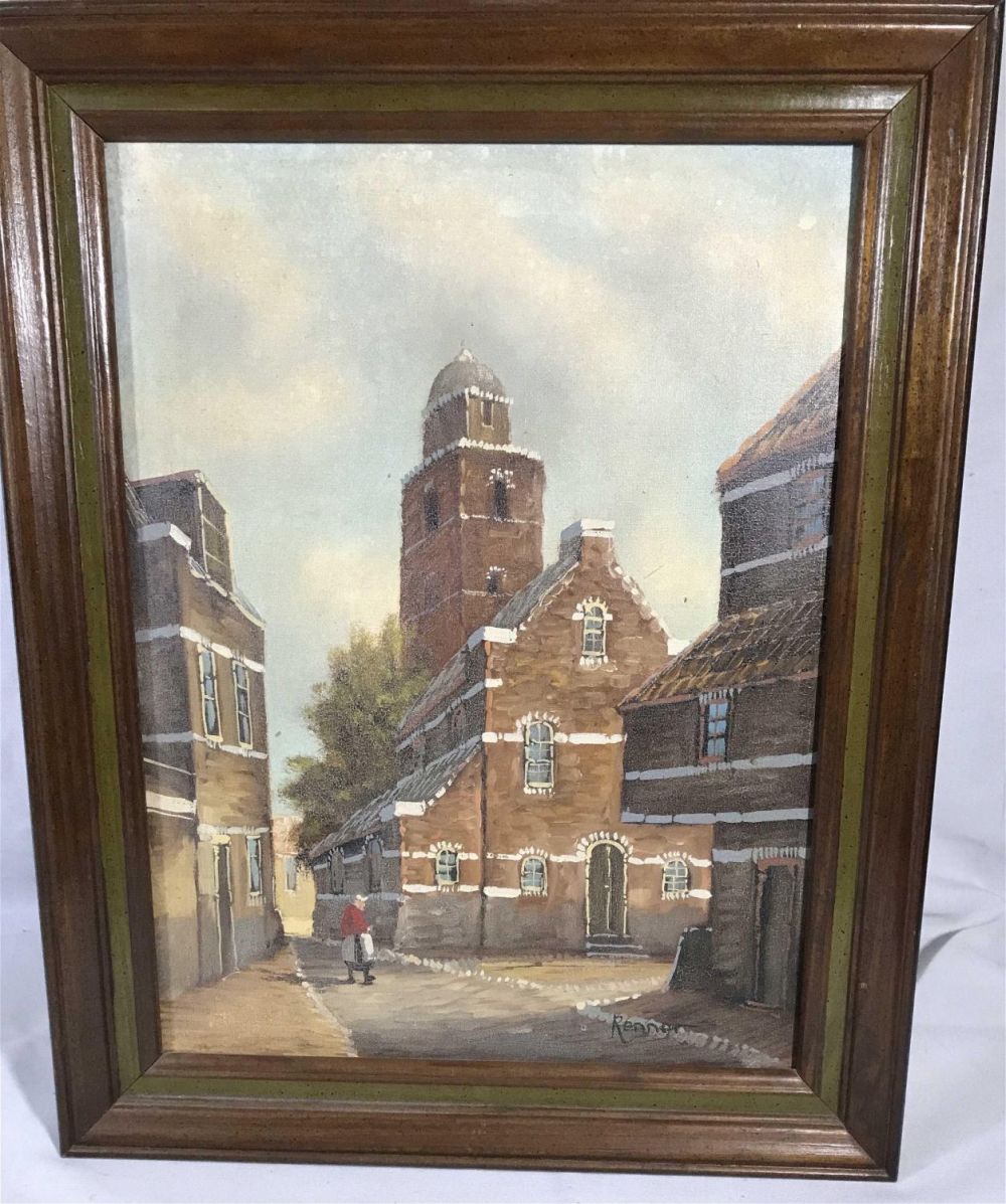 Lot 153: Renner painting on canvas, street scene Measures 15 x 19 inches