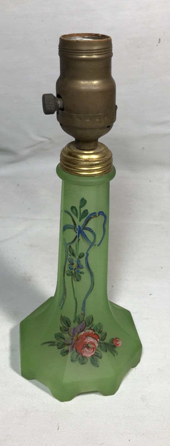 Lot 176: Vintage art glass vase handpainted height is 10 inches tall by depth of 4 inches