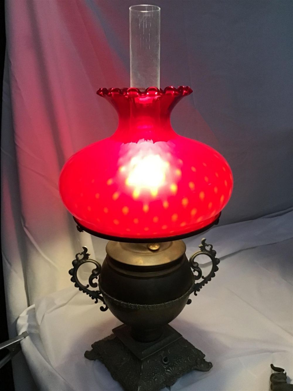 Lot 201: Strawberry Glass Shade Lamp Measures 27 inches tall