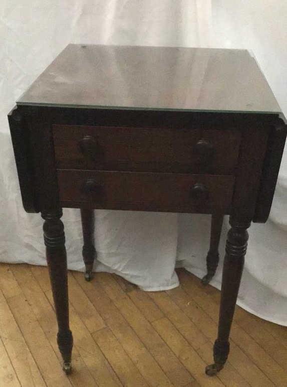 Lot 232: Vintage Two Drawer Drop Leaf End Table .
