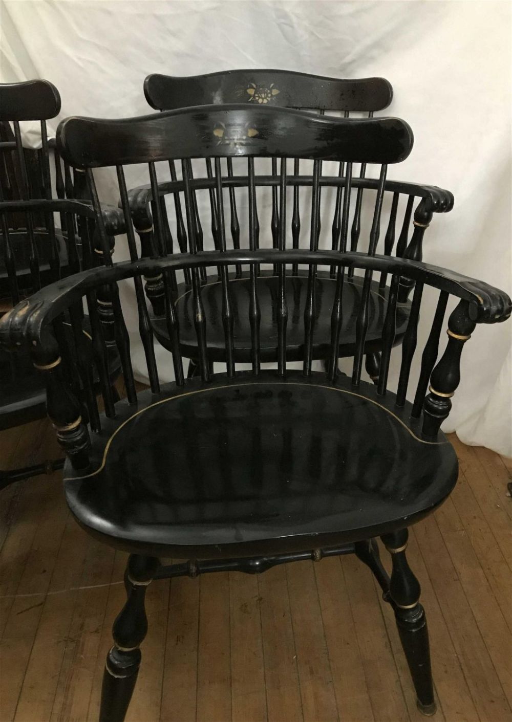 Lot 248: Nichols & Stone Co. Black Hitchcock Chairs Great Set!